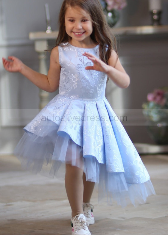 Light Blue Jacquard Asymmetrical Flower Girl Dress